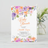 紫のオレンジかわいらしのフローラスクリプト赤ちゃんシャワー 招待状 (スタンド正面)