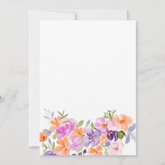 紫のオレンジかわいらしのフローラスクリプト赤ちゃんシャワー 招待状 (裏面)