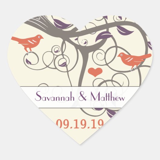 紫のオレンジと灰色の渦巻き結婚の木のシール ハートシール (正面)