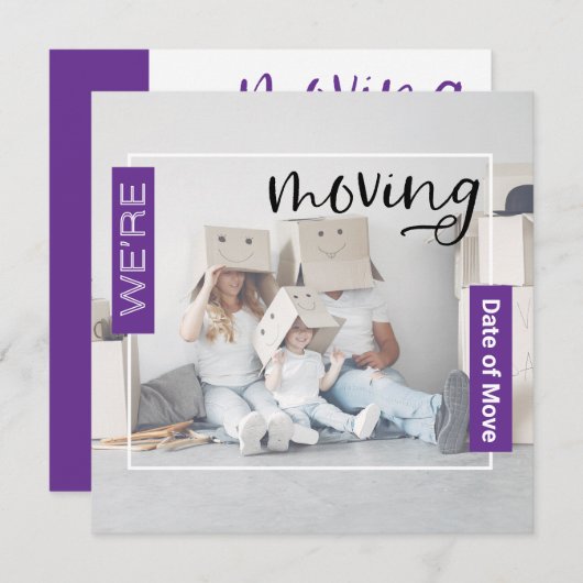 紫のカスタム写真移動案内カード サンキューカード (正面/裏面)