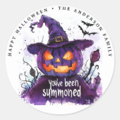 紫のカボチャの魔女を呼び出された ラウンドシール (正面)