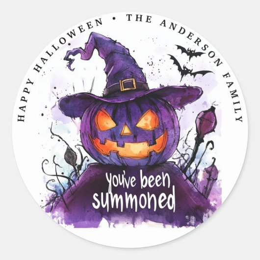 紫のカボチャの魔女を呼び出された ラウンドシール (正面)