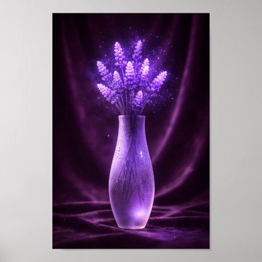 紫のガラス花瓶の輝くラベンダーの花束 ポスター (正面)
