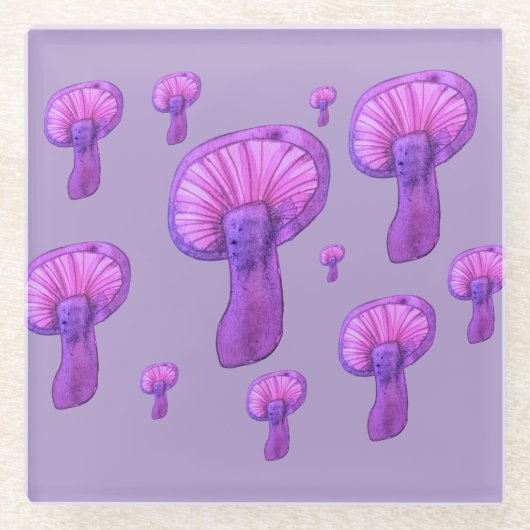 紫のキノコパーティー ガラスコースター (正面)
