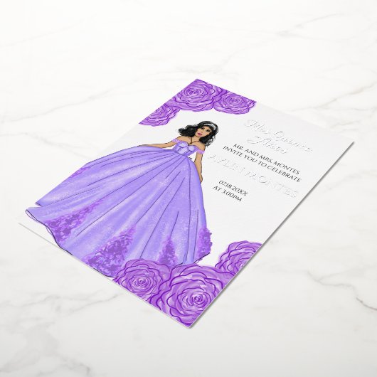 紫のキンセアニェラドレスと花 箔招待状 (回転した状態)