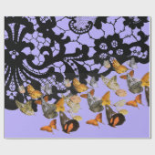 紫のギフトラッピングの黒いレースと蝶 ラッピングペーパー (フラット)