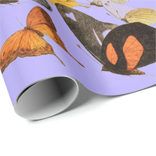 紫のギフトラッピングの黒いレースと蝶 ラッピングペーパー (ロールコーナー)