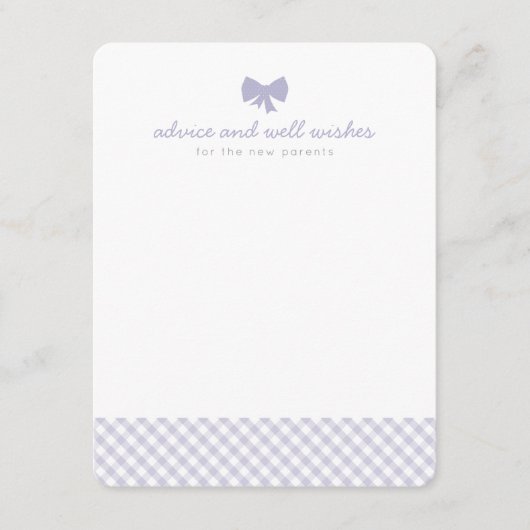 紫のギンガムアドバイスは赤ちゃんシャワーカードを願う アドバイスカード (正面)