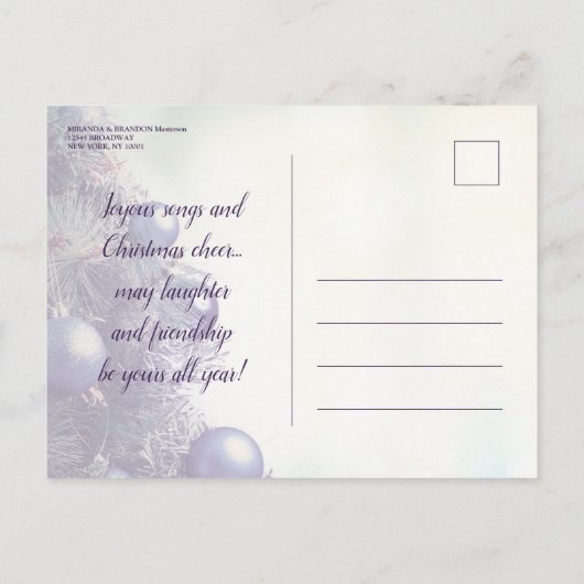 紫のクエレガントリスマスツリーのクリスマスパーティー インビテーションポストカード (裏面)