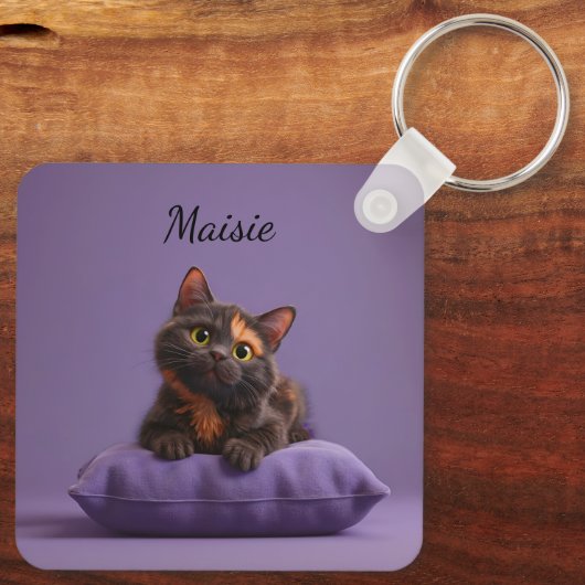 紫のクッションの上の漫画の亀の地獄の子猫 キーホルダー (裏面)