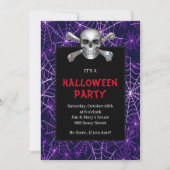 紫のクモの巣のドクロと骨 ハロウィンパーティー 招待状 (正面)