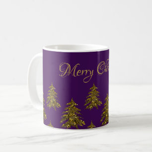 紫のクリスマスに輝く金ゴールドのクリスマスツリー コーヒーマグカップ