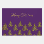 紫のクリスマスに輝く金ゴールドのクリスマスツリー ラッピングペーパーシート (正面)