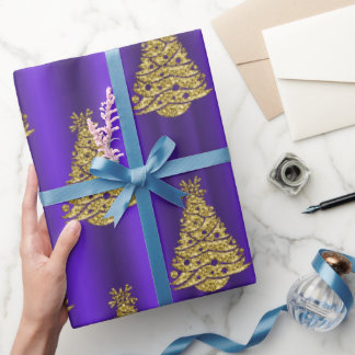 紫のクリスマスに金色のクリスマスツリー ラッピングペーパー