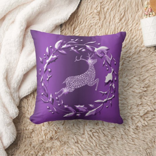 紫のクリスマスに銀のトナカイを飛び跳ねて クッション (ブランケット)
