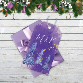 紫のクリスマスツリーと金の雪の結晶 ギフトタグ