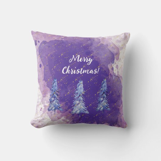 紫のクリスマスツリーと金の雪の結晶 クッション (正面)