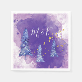 紫のクリスマスツリーと金の雪の結晶 スタンダードカクテルナプキン