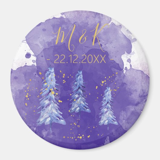 紫のクリスマスツリーと金の雪の結晶 マグネット (正面)