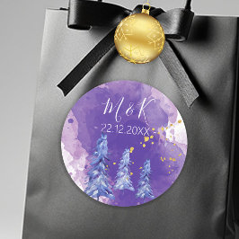 紫のクリスマスツリーと金の雪の結晶 ラウンドシール