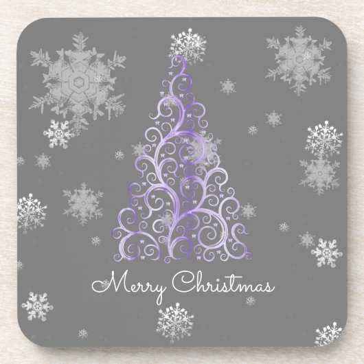 紫のクリスマスツリーと雪 コースター (正面)