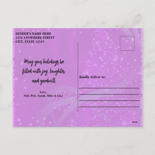 紫のクリスマス シーズンポストカード (裏面)