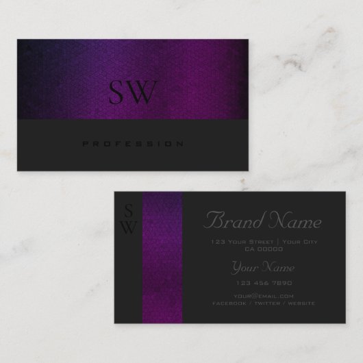 紫のグラデーションのパターン濃い灰色(モノグラム) 名刺 (正面/裏面)