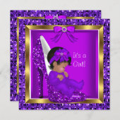 紫のグリッターかわいいベビーの靴の赤ちゃんシャワーガール 招待状 (正面/裏面)