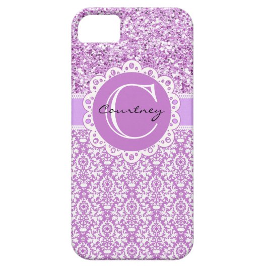 紫のグリッターとダマスク(名前とイニシャルカバー付き) Case-Mate iPhoneケース (裏面)