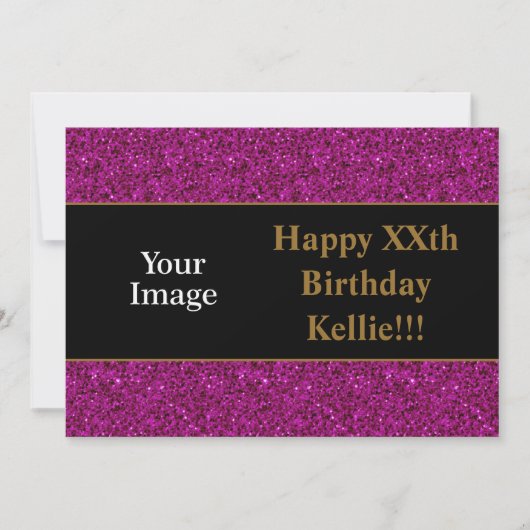 紫のグリッターとメッセージフォトバースデーパーティー 招待状 (正面)