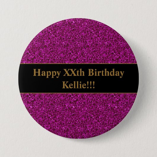 紫のグリッターとメッセージ誕生日ボタン 缶バッジ (正面)