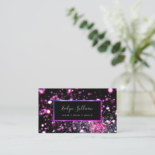 紫のグリッターとライトの名刺 名刺 (スタンド正面)