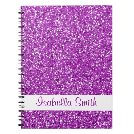 紫のグリッターの外観と名前 ノートブック (正面)
