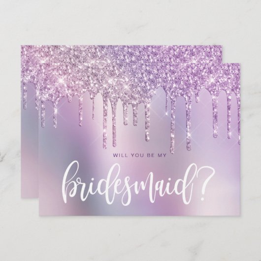 紫のグリッターの滴が私の花嫁の付き添いになる インビテーションポストカード (正面/裏面)