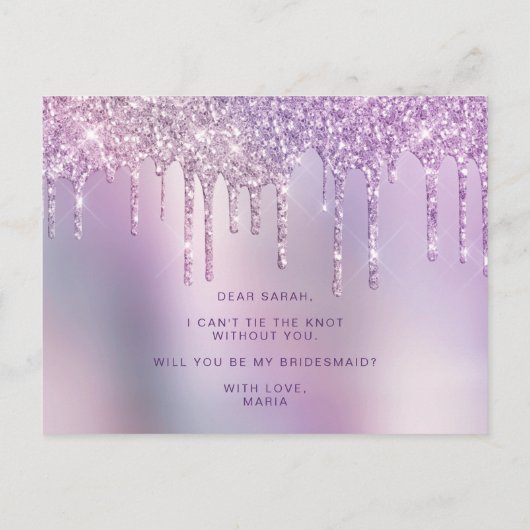 紫のグリッターの滴が私の花嫁の付き添いになる インビテーションポストカード (裏面)