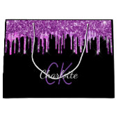 紫のグリッターは黒ピンクのモノグラムの花を乾燥させる ラージペーパーバッグ (正面)