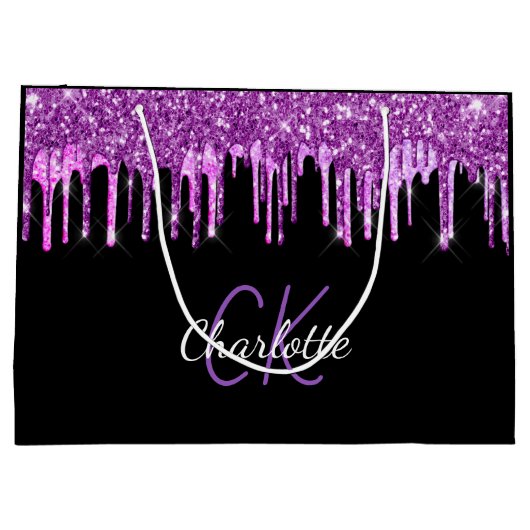 紫のグリッターは黒ピンクのモノグラムの花を乾燥させる ラージペーパーバッグ (裏面)