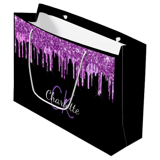 紫のグリッターは黒ピンクのモノグラムの花を乾燥させる ラージペーパーバッグ (正面アングル)
