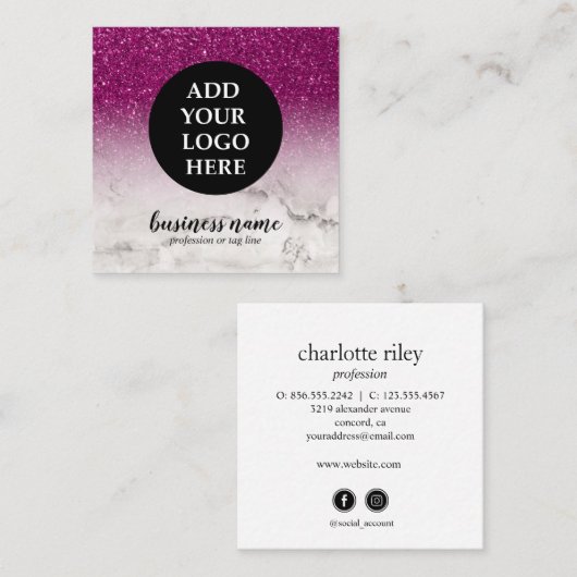 紫のグリッターグラデーションキュラッシーロゴのソーシャルアイコン スクエア名刺 (正面/裏面)