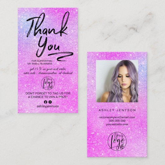 紫のグリッタースクリプトの写真のロ感謝していゴの順序 名刺 (正面/裏面)