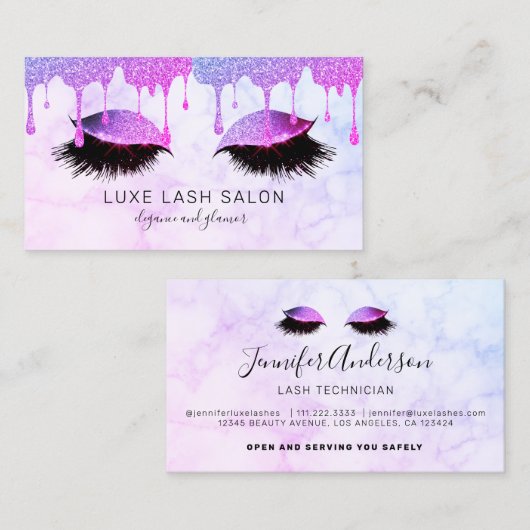 紫のグリッタードリップスメイクアップアーティストラッシュ 名刺 (正面/裏面)