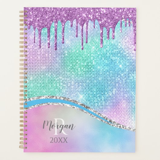紫のグリッタードリップス、虹色、名前&モノグラム プランナー手帳 (正面)