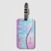 紫のグリッタードリップス、虹色、名前&モノグラム ラゲッジタグ (正面縦)
