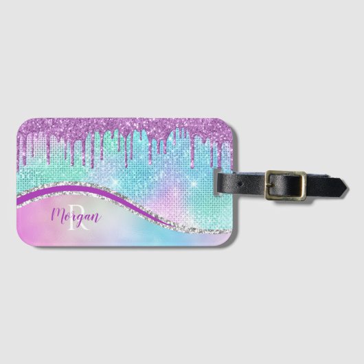 紫のグリッタードリップス、虹色、名前&モノグラム ラゲッジタグ (正面横)
