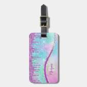 紫のグリッタードリップス、虹色、名前&モノグラム ラゲッジタグ (正面縦)