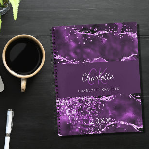 紫のグリッターピンクの瑪瑙の大理石モノグラム2024 プランナー手帳