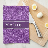 紫のグリッターフェイクの名パーソナライズされた前 キッチンタオル (四つ折り)