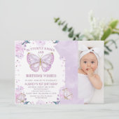 紫のグリッターフォトバタフライキス1st誕生日 招待状 (スタンド正面)