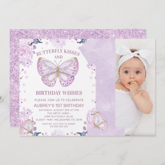 紫のグリッターフォトバタフライキス1st誕生日 招待状 (正面/裏面)