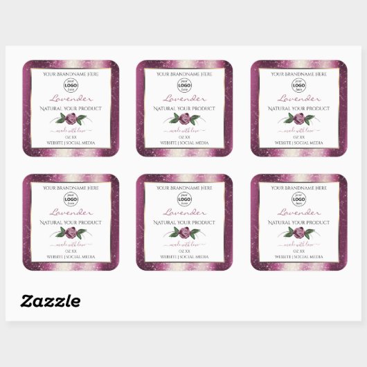 紫のグリッターホワイトフローラ製品ラベルのロゴ スクエアシール (シート)